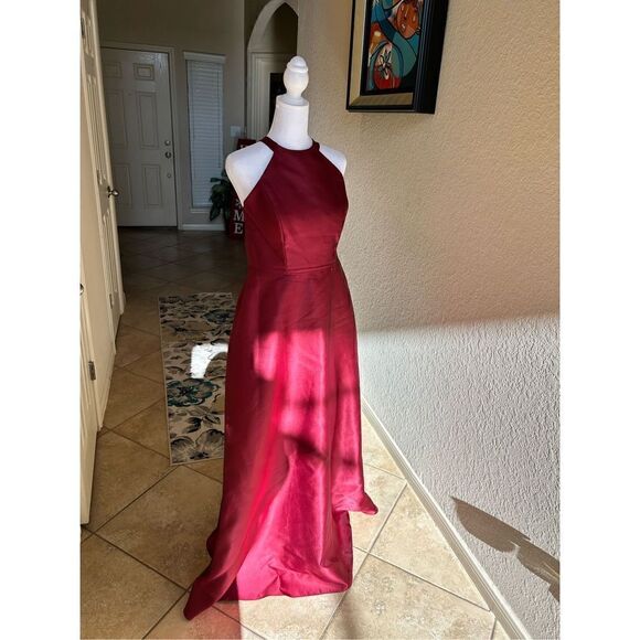 Alfred Sung Womens Size 10 Floor Length Gown Burgundy Halter Criss Cross Back - Picture 1 of 7